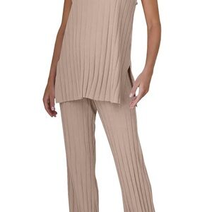 Ribbed Two-Piece Knit Tank & Pants Set - Taupe